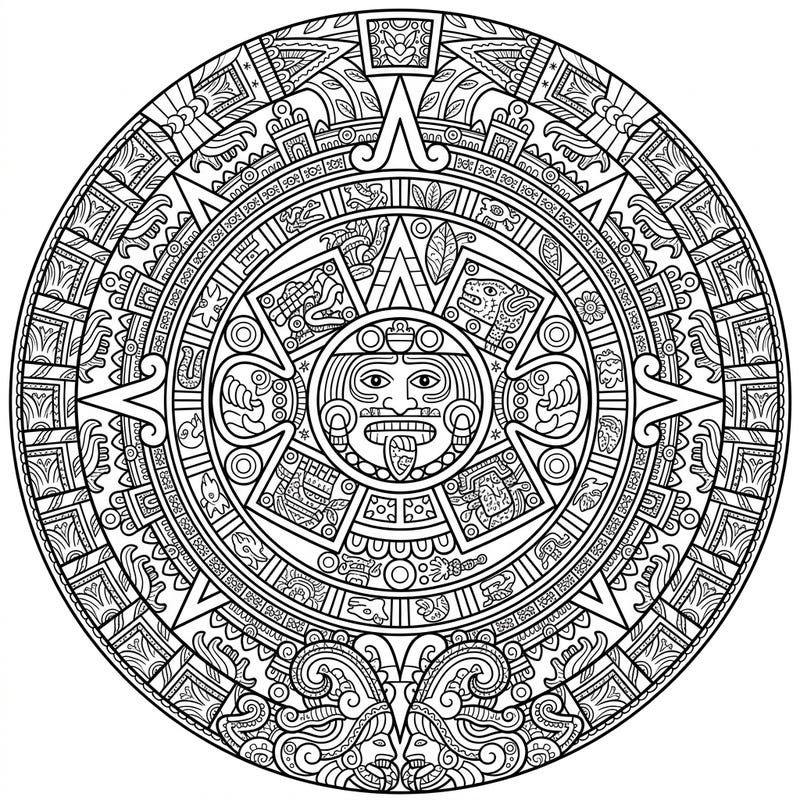 Immerse yourself in the ancient cosmology of the Aztecs with this captivating Zentangle Aztec Sun Stone coloring page. Its intricate patterns and historical depth offer a uniquely meditative and educational coloring experience.