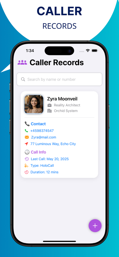 Interface showing detailed caller record with job title, contact information, and call duration logs
