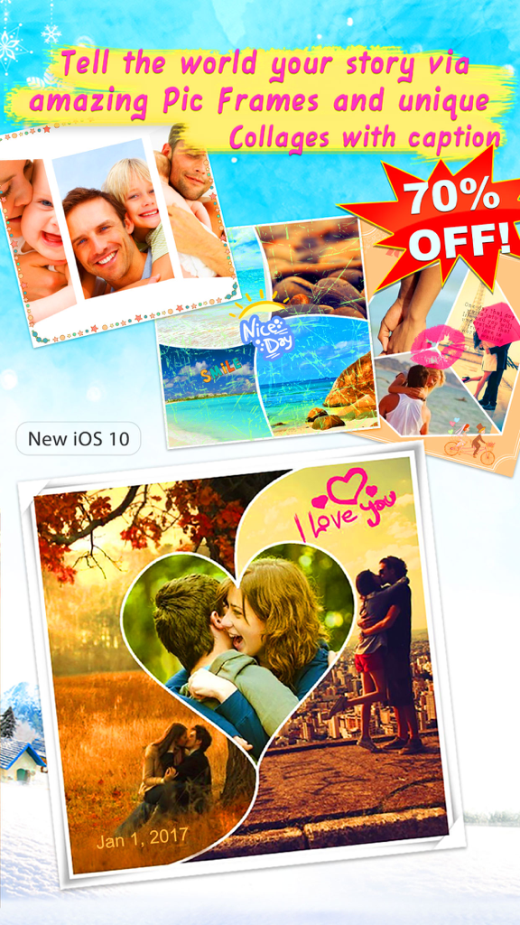 Examples of various photo collage layouts and creative frames featuring family and couple photos