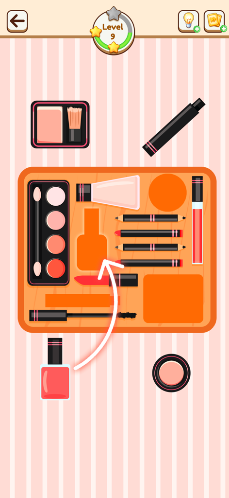 Arrange Them Little Right 모바일 게임의 메이크업 정리 레벨로, 네일 폴리시가 트레이에 놓이는 모습