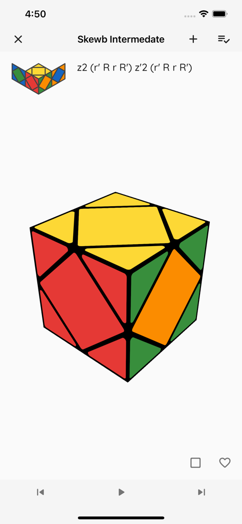 Cube Algorithms X - A 3D Skewb puzzle visualization showing an intermediate algorithm solve within the Cube Algorithms X app interface