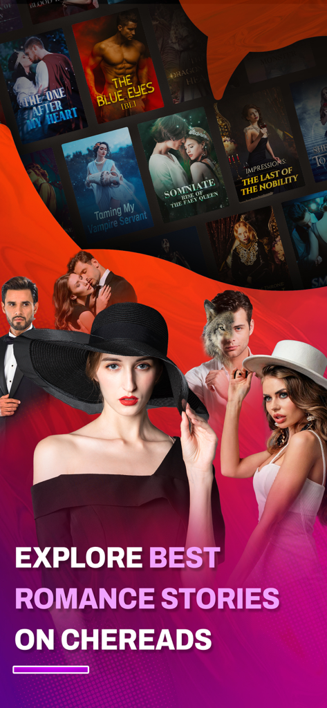 Promotional banner for Chereads app showing a collage of romance novel characters and book covers.
