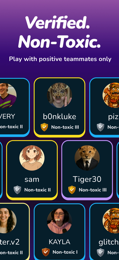 Gankster Duos - A grid of gamer profiles on the Gankster Duos app showcasing Verified Non-Toxic badges and player names