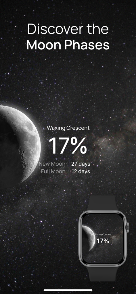 Interfaz de la aplicación MOON que muestra la fase de luna creciente con un 17 por ciento de iluminación