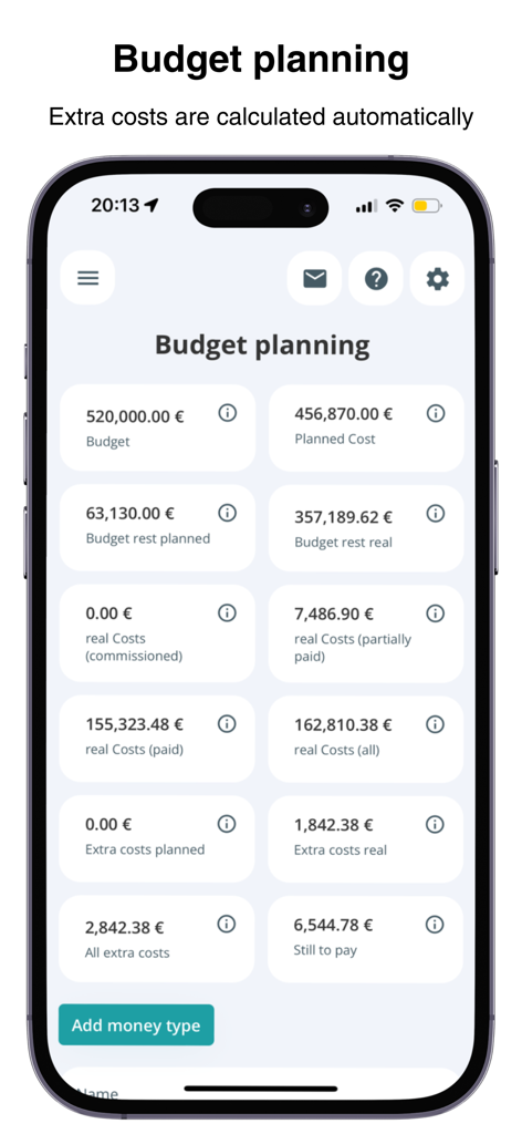 POCASIO House Building Manager - POCASIO app budget planning screen displaying house construction costs and remaining budget.