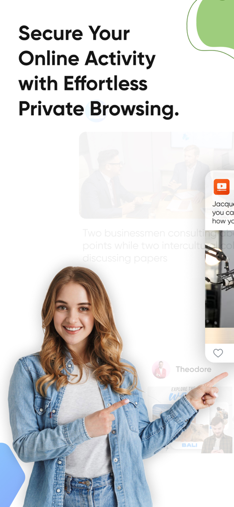 Internet Browser : Private Web - A smiling young woman pointing to private browsing features and secure online activity highlights for the Internet Browser app