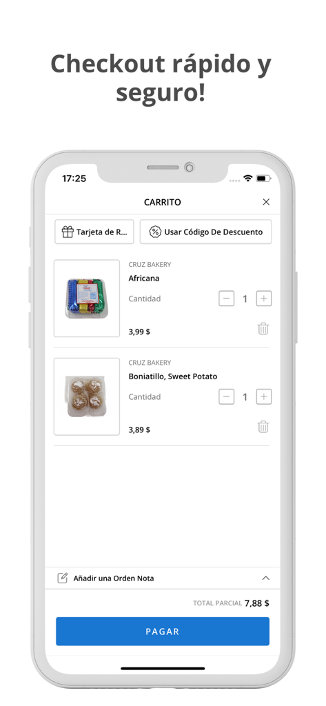 Pantalla del carrito de compras de la aplicación Pinton mostrando productos de panadería caribeña y un botón de pago