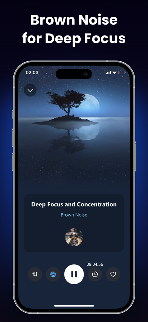 Sleep Dose: White Noise Remedy - Sleep Dose app interface on iPhone playing brown noise for deep focus featuring a serene night landscape with a tree and moon