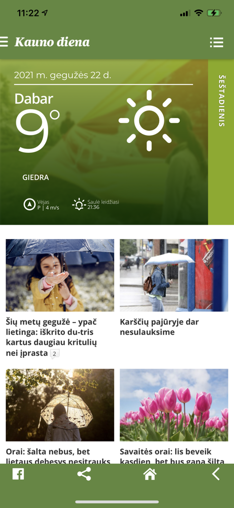 Kauno diena news app interface showing weather forecast for Kaunas and local news articles about rainfall and spring weather