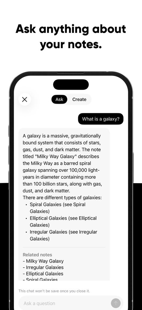 Brain Dump: Notes & Writing - Brain Dump app interface showing the AI Ask feature answering a question based on user notes.