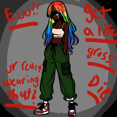 girl in baggy pants crop top and long hair