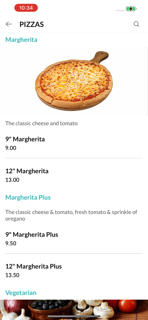 El Fourno Pizza - El Fourno Pizza mobile app menu displaying Margherita pizza choices with sizes and prices