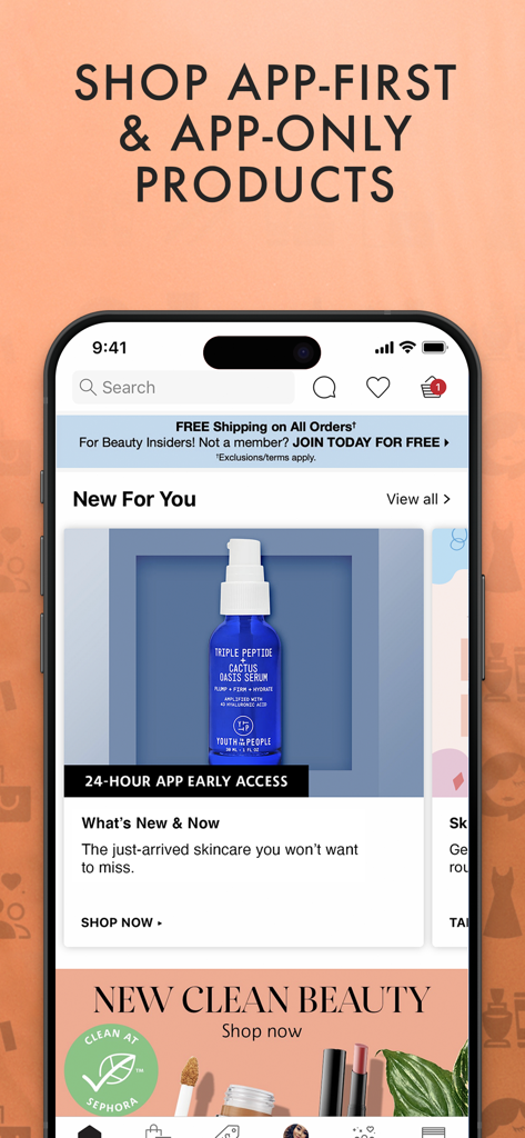 Sephora US: Makeup & Skincare - Sephora app interface highlighting app-only products, 24-hour early access for skincare, and clean beauty arrivals.