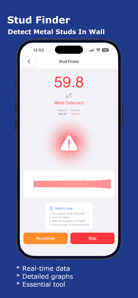Pantalla de la aplicación Smart Tools Pro que muestra la herramienta Detector de Vigas detectando vigas metálicas con datos de campo magnético en tiempo real.