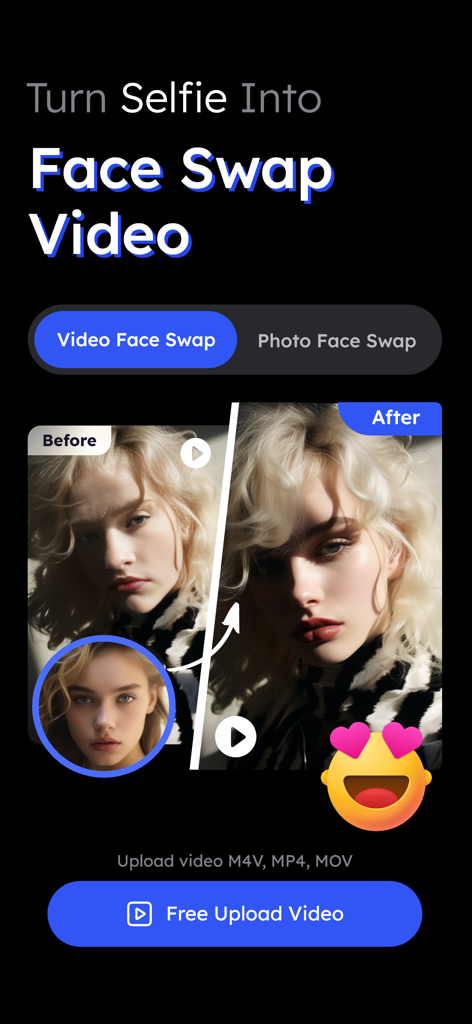 Vidqu Video & Photo Face Swap - App interface showing before and after video face swap comparison