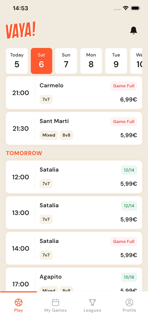 Vaya! - Mobile app interface showing a list of available football matches in Barcelona with times locations and prices