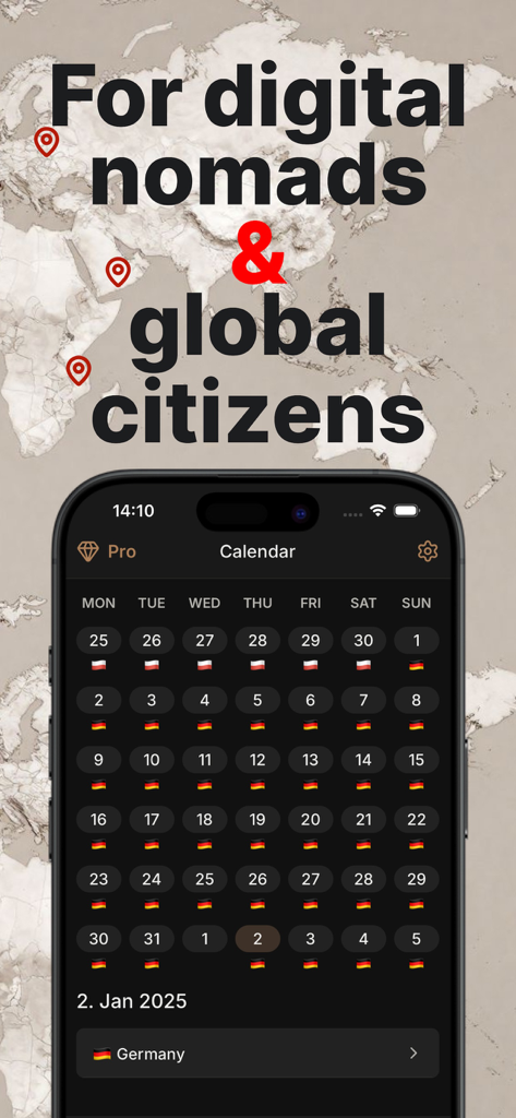 Country Tracker Tax Residency - App interface showing a calendar with country flags for tracking tax residency