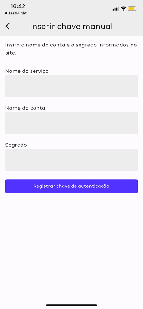 Amil Autenticador - Manual authentication key registration screen for Amil Autenticador