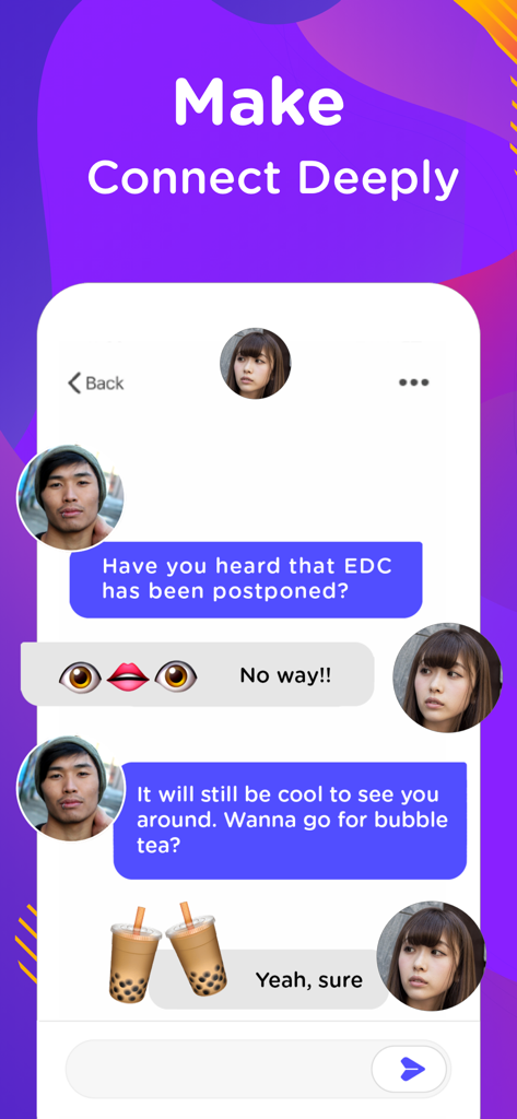 EME Hive - Dating, Go Live - EME Hive app chat screen showing a conversation between a man and a woman planning a bubble tea date