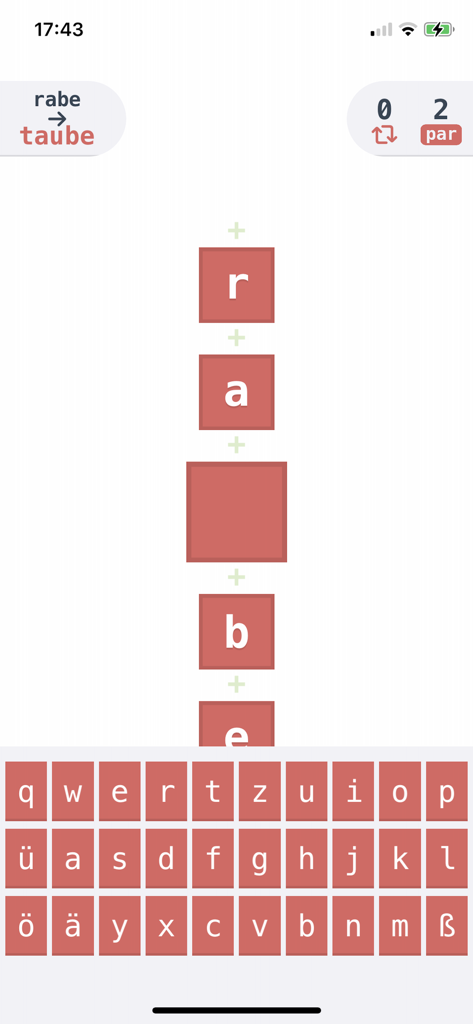 swop - ein wortspiel - Gameplay screen of the swop word game showing a word ladder puzzle to transform rabe into taube