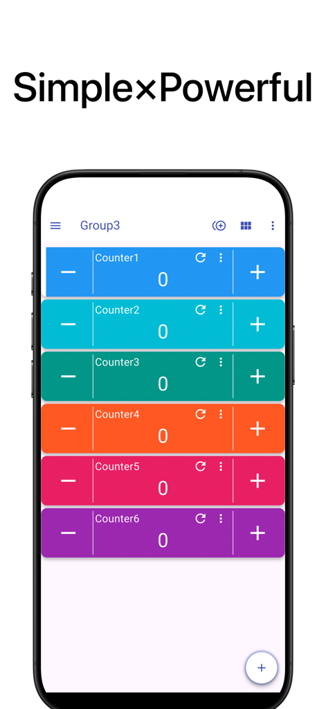 Smart Counter app interface showing six colorful tally counters in a single group
