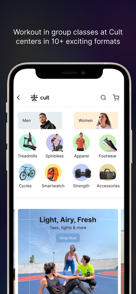 A smartphone showing the cult fit app interface with categories for fitness equipment and apparel