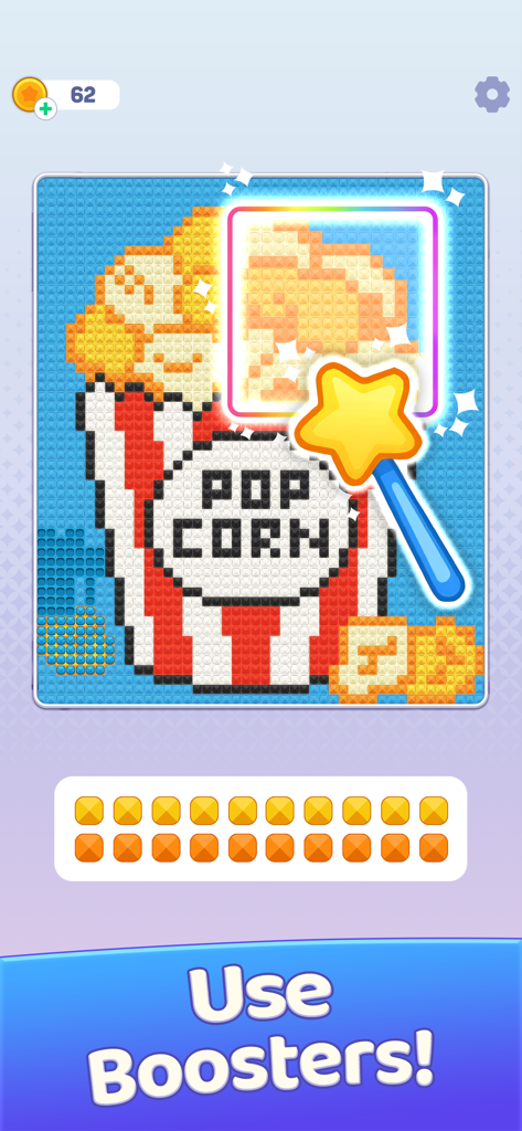 Magic wand booster being used to complete diamond art of a popcorn bucket