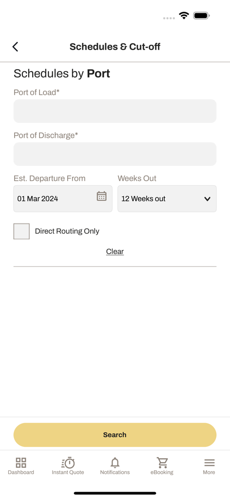 Bildschirm zur Suche nach Schiffsplänen und Schnittzeiten nach Hafen in der myMSC App