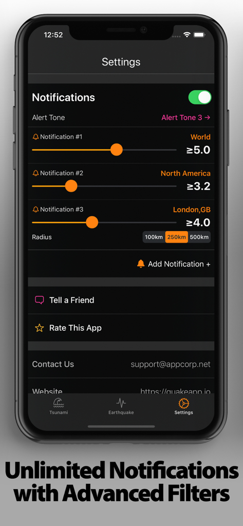 EarthQuake plus app notification settings with custom magnitude and location filters
