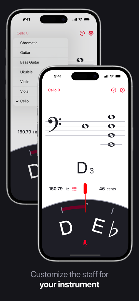 Semitones - Chromatic Tuner - Interface de l'application d'accordeur chromatique Semitones montrant le menu de sélection des instruments et l'accordage de la portée musicale pour un violoncelle.