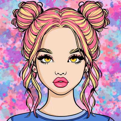 realistic girl with two buns in hair and lips