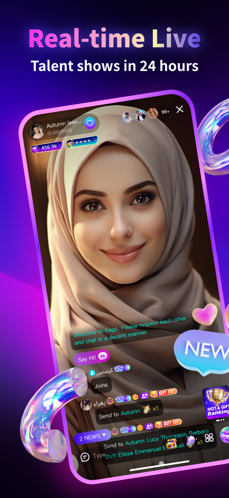 Kago Live-Charming Live App - Real-time live talent show interface on Kago Live app featuring a woman broadcaster and interactive chat features
