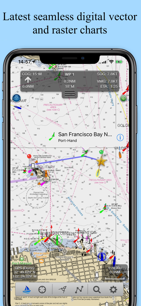 SeaNav NP app displaying detailed digital vector marine navigation charts on an iPhone screen