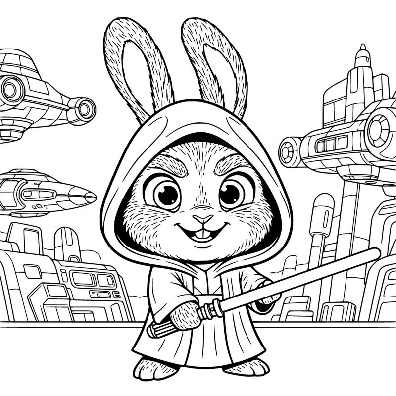 a small sith lord rabbit with a lightsaber, a hood, and a menacing expression. the background is a launch hangar on a spaceship.