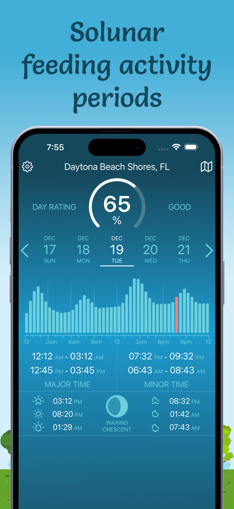 Fishing & Hunting Solunar Time - Interface of the Fishing and Hunting Solunar Time app showing daily feeding activity periods and moon phases