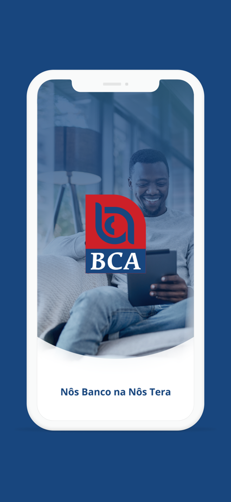 BCADirecto Mobile banking app splash screen featuring the BCA logo and a man using a tablet