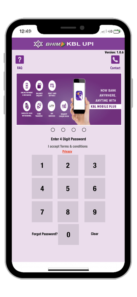 BHIM KBL UPI - Login screen of BHIM KBL UPI app with numeric keypad for PIN entry