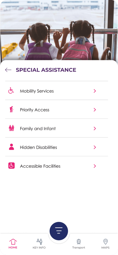 MYairports - MYairports 앱 특수 지원 화면, 이동 지원 서비스 및 우선 접근 옵션 표시