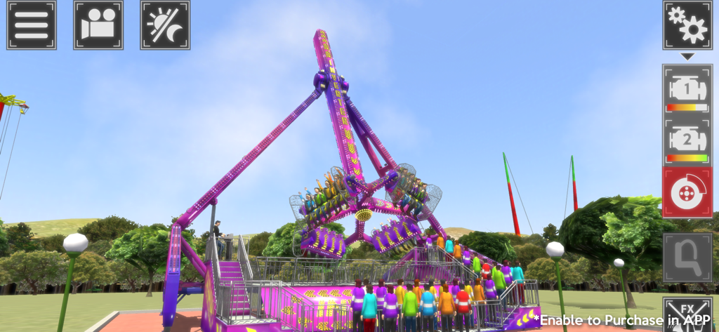 Theme Park Simulator - A 3D simulation of the Inverter mechanical ride with passengers and a waiting crowd in Theme Park Simulator