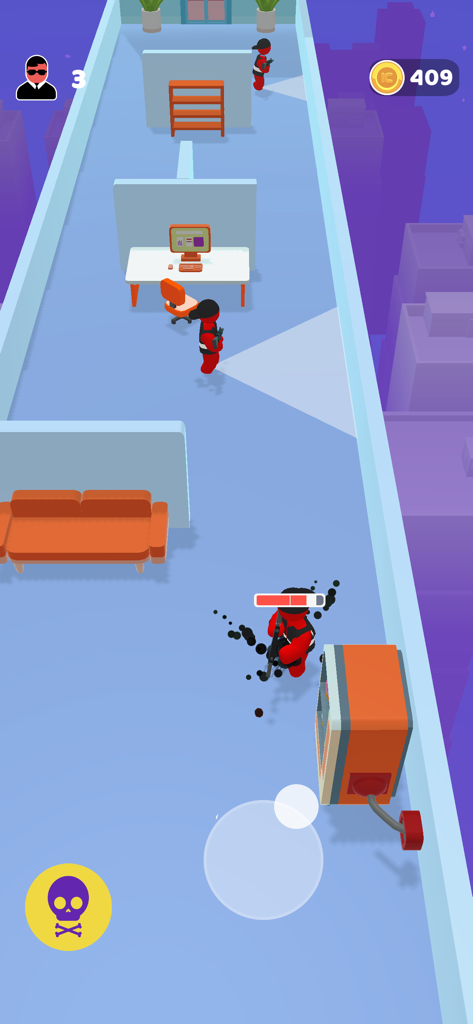 A red character navigates an office environment while avoiding enemy vision cones in Super Cloner 3D