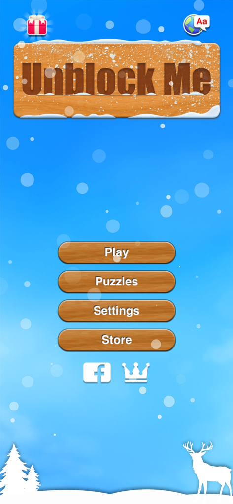Unblock Me - Unblock Me main menu screen with a winter theme featuring snowy wooden buttons and a blue background