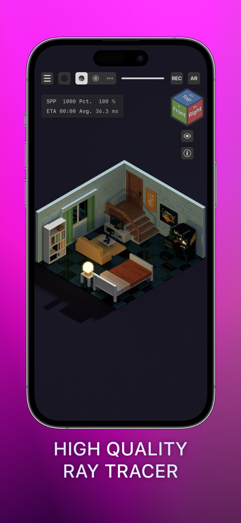Die Benutzeroberfläche der Voxel Max App zeigt einen isometrischen 3D-Raum mit hochwertiger Raytracing-Beleuchtung.