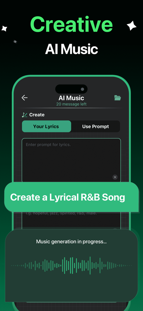 AI Chatbot - Ask AI Anything - Screen showing the AI Music generation feature in the AI Chatbot app for creating songs from prompts.