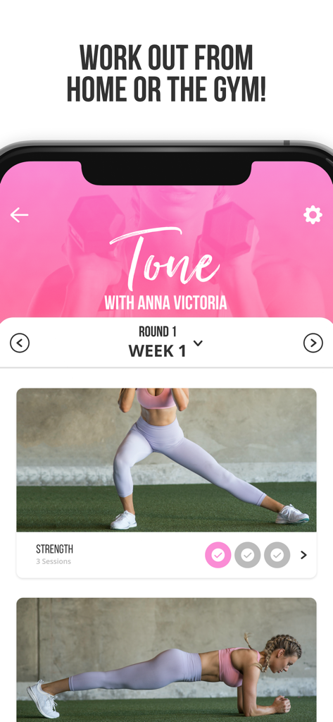 Screenshot of the Bodylura app displaying the Tone strength training program by Anna Victoria