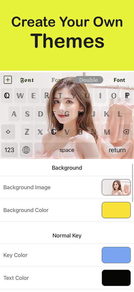 Font Keyboard - Fonts Chat - Interfaz móvil para crear temas de teclado personalizados con imágenes de fondo y colores de teclas personalizados