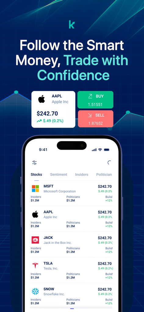 Stocks News app interface showing real time stock prices and insider trading activity