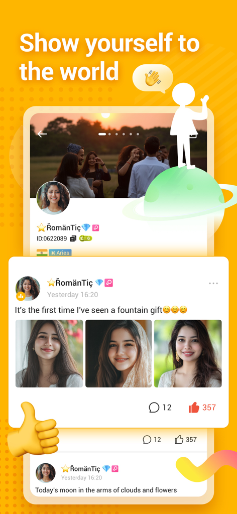 Interface do aplicativo de chat de voz Echo mostrando um perfil de usuário com fotos pessoais e posts sociais sob o título Mostre-se ao mundo.