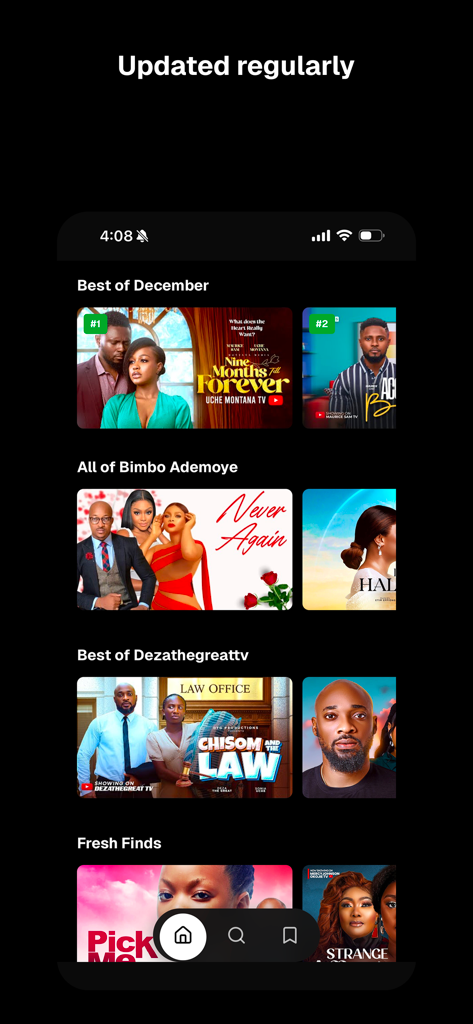 Filmflux - Filmflux app interface displaying curated categories of African movies and series including Best of December and Fresh Finds.