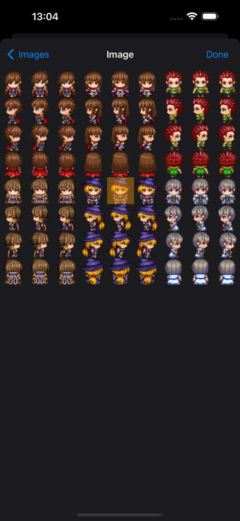 Una colección de sprites de personajes de RPG Maker mostrados en una cuadrícula para su selección dentro de la aplicación Mapper MZ