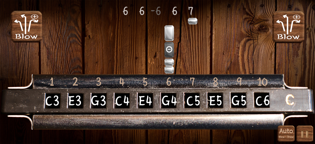 Harmonica Real Pro - A virtual harmonica interface with falling numbered notes and musical notations for practicing songs on a wooden background.